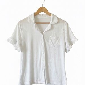 Women's Pajamas White Button-Up Top and Shorts Ruffle